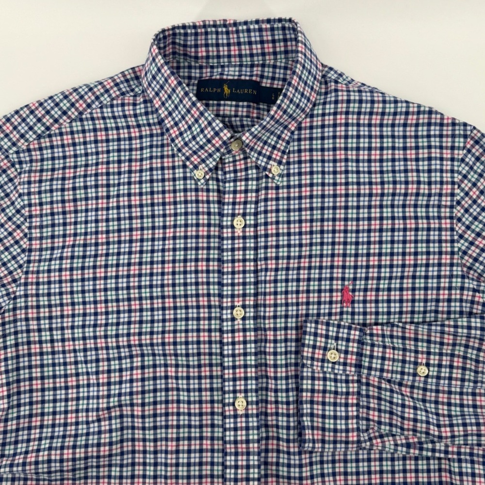 Ralph‎ Lauren Button Down Mens L Blue Pink Plaid Check Long Sleeve Cotton Shirt
